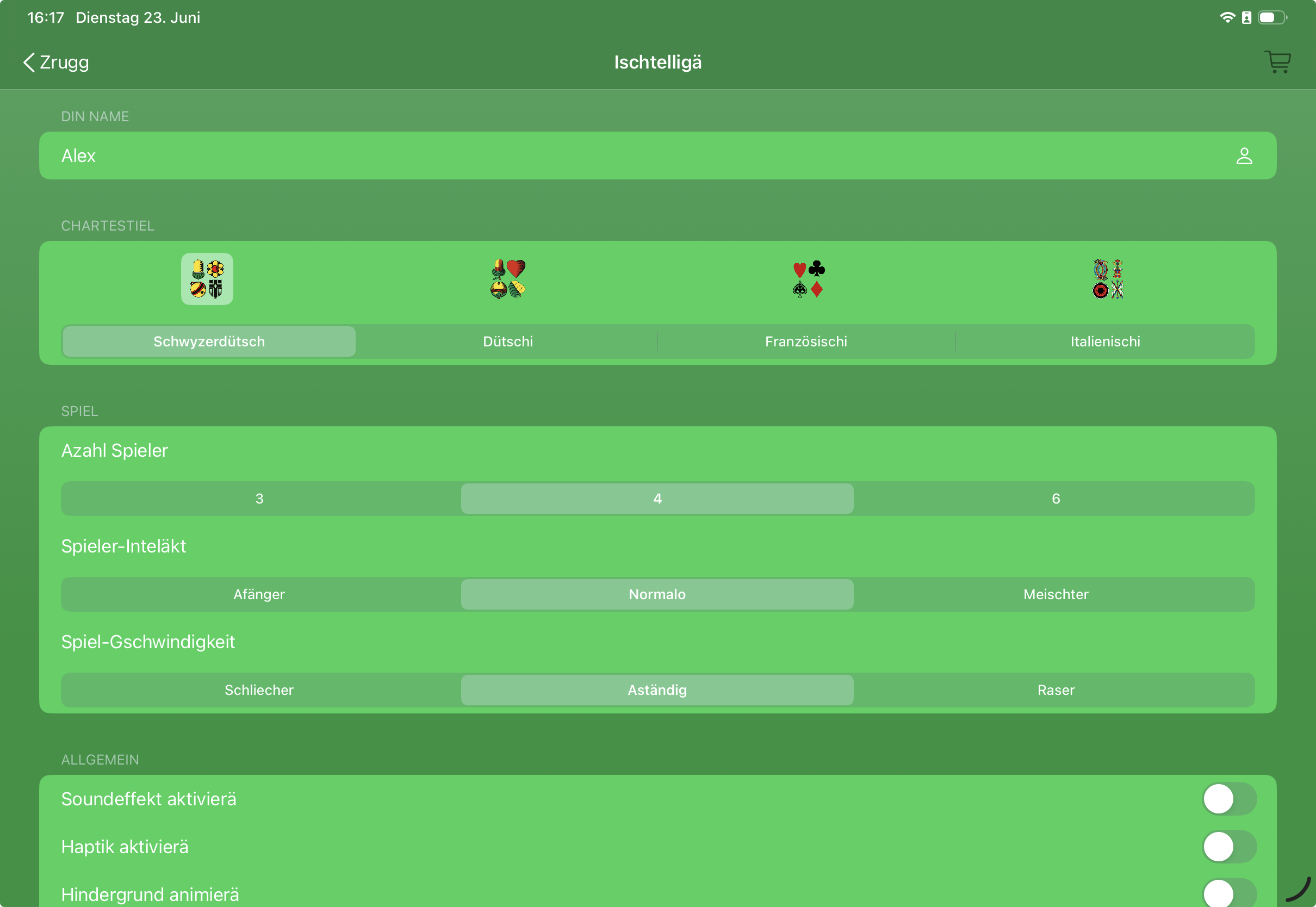 Einstellungsansicht mit Name, Kartenstil, Spielerzahl, Spieler-Intellekt, Spielgeschwindigkeit und Schaltern