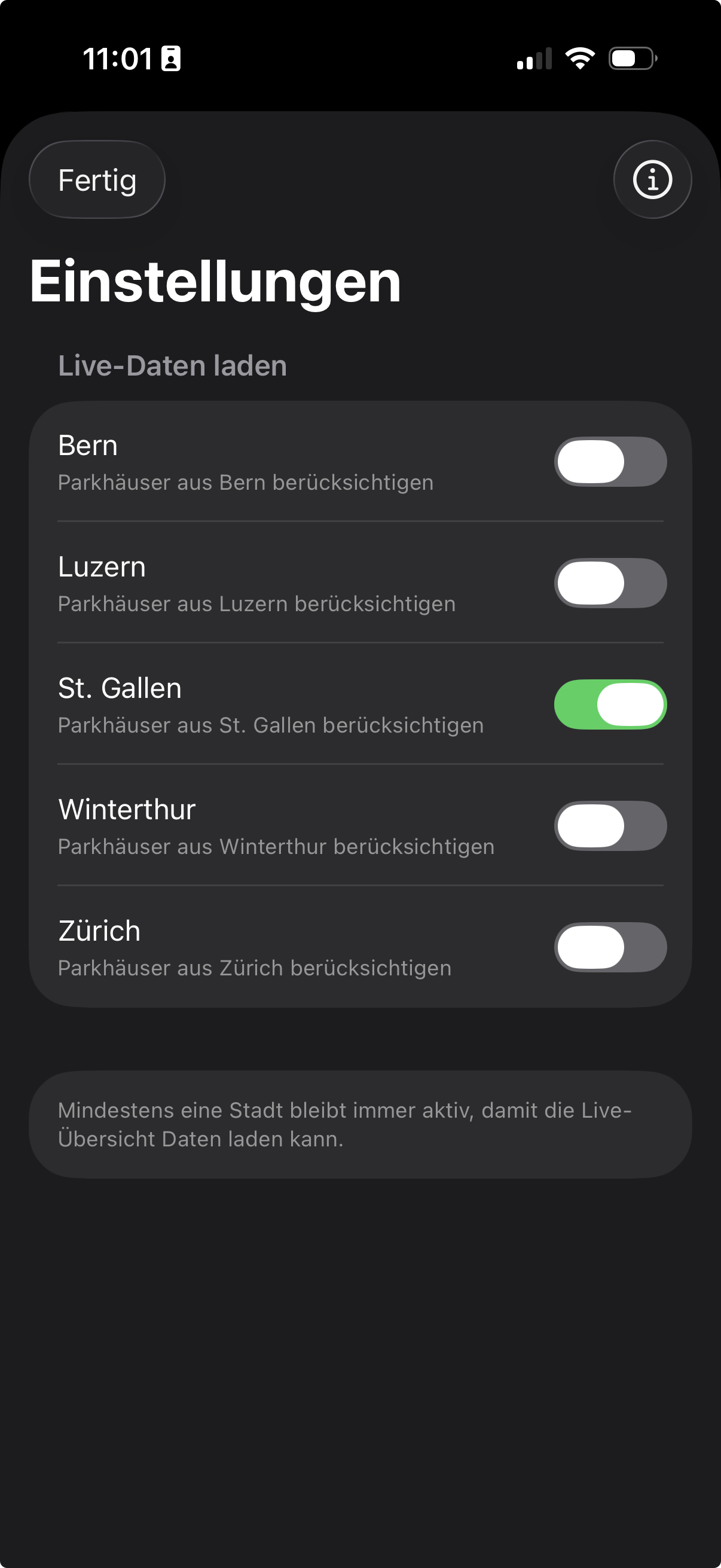 Einstellungen mit Schaltern fuer Bern, Luzern, St. Gallen, Winterthur und Zuerich