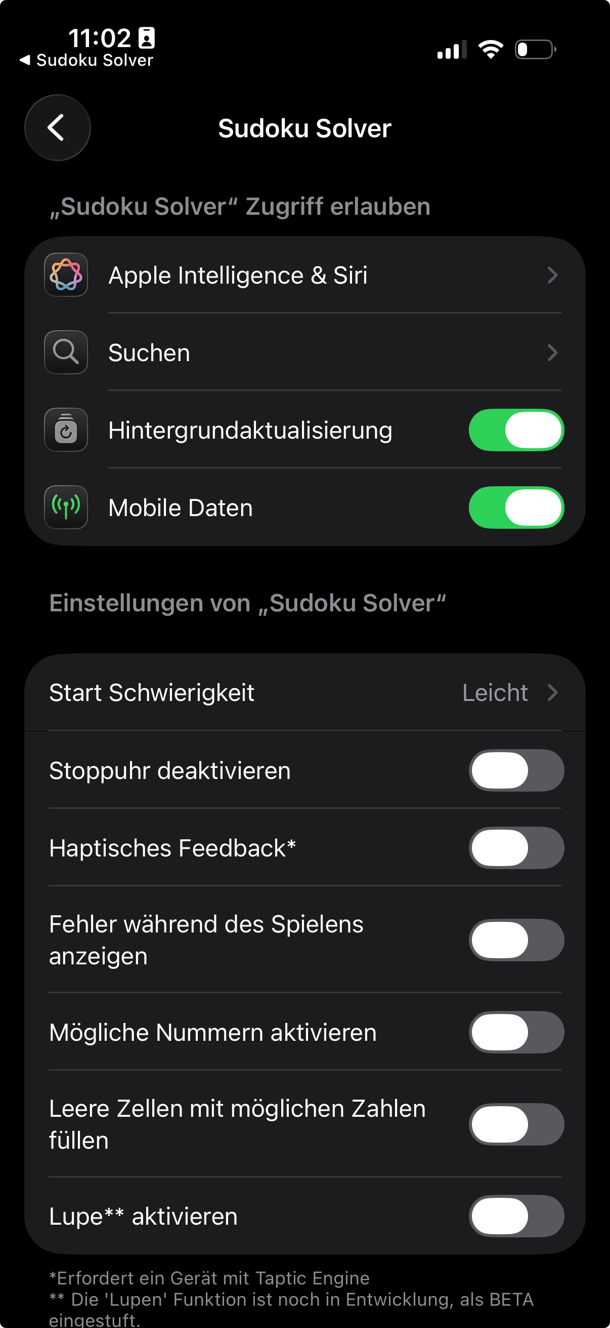 iOS-Einstellungen von Sudoku Solver mit Start Schwierigkeit, Stoppuhr, haptischem Feedback und Eingabehilfen