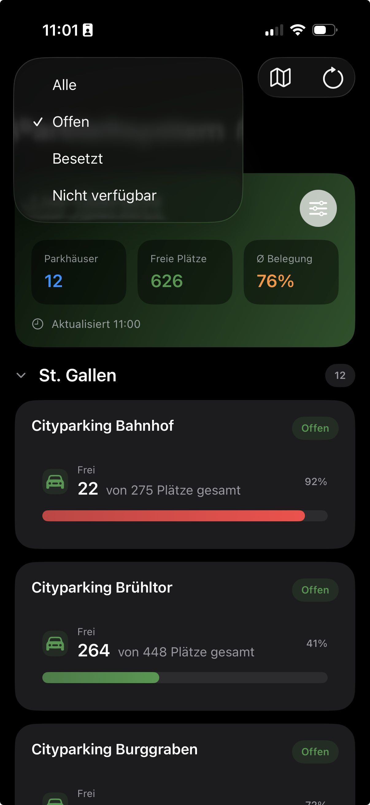Filtermenue mit Alle, Offen, Besetzt und Nicht verfuegbar