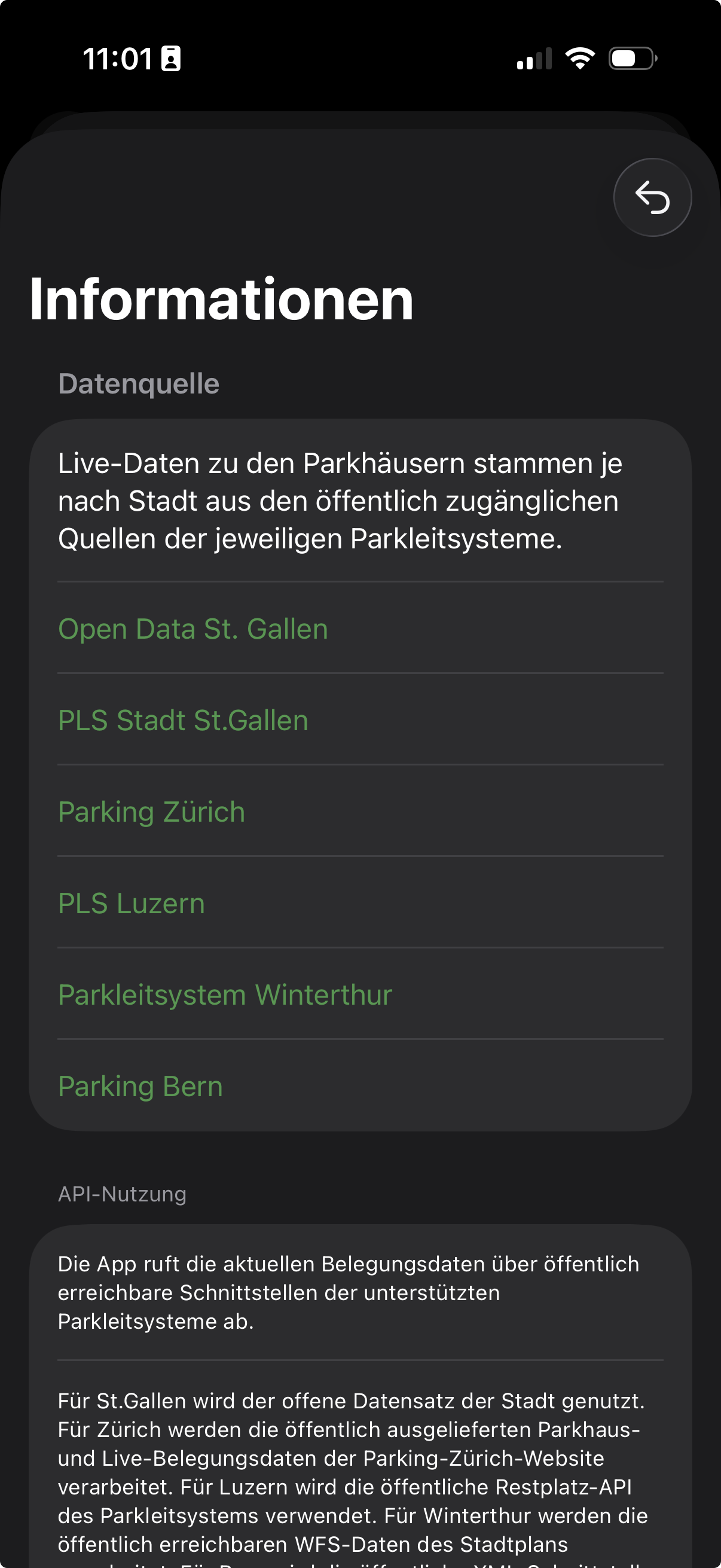 Informationsansicht mit Datenquellen und API-Nutzung