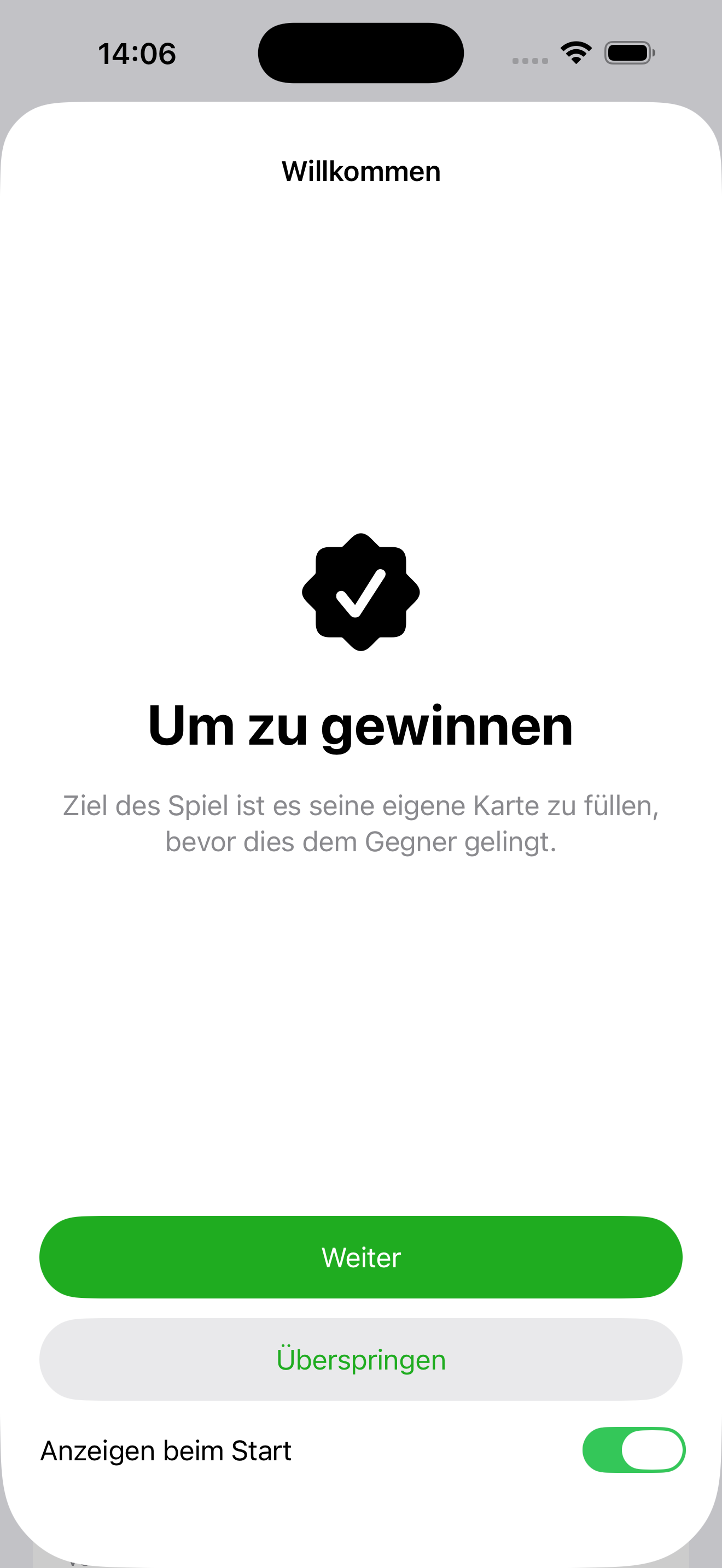 Anleitungsbildschirm Um zu gewinnen mit Hinweis, die eigene Karte vor dem Gegner zu füllen