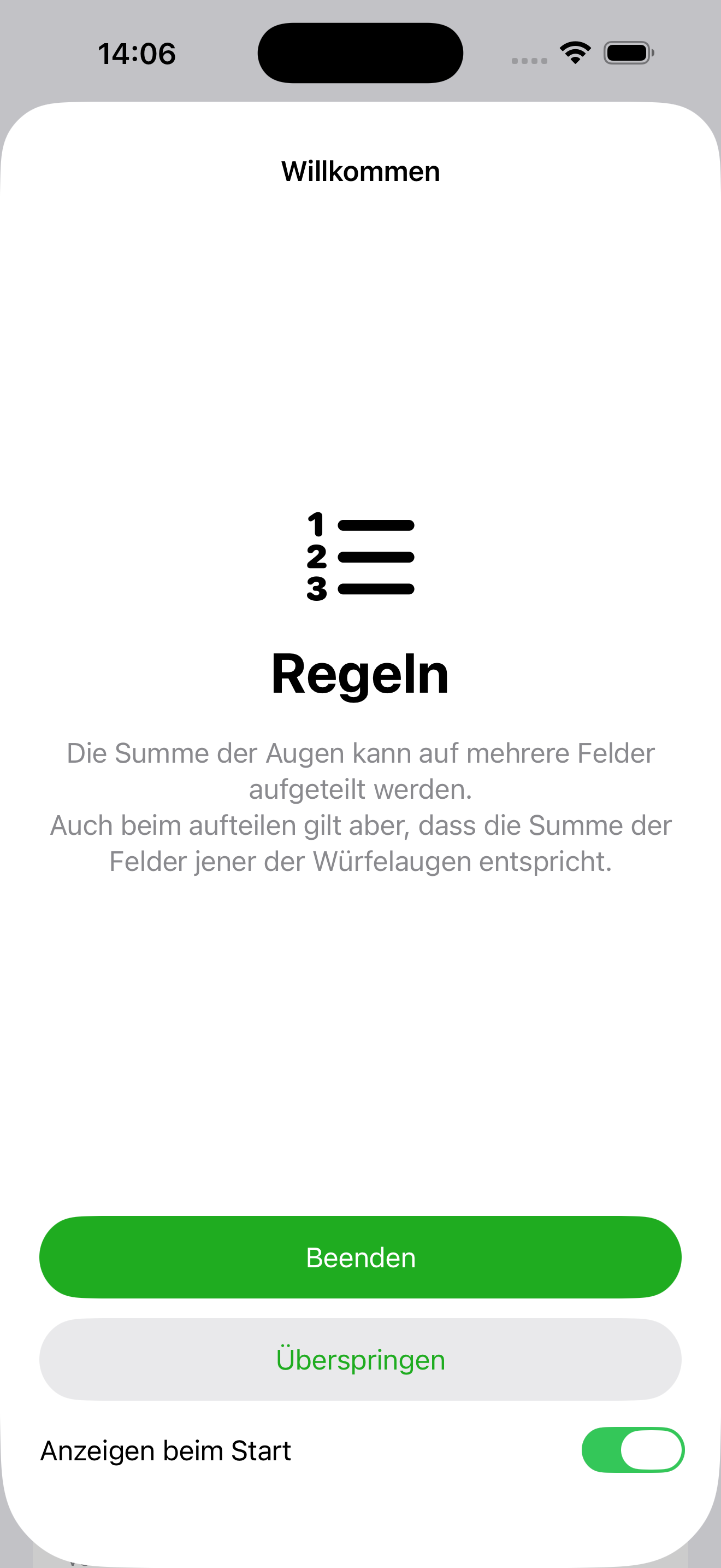 Regelbildschirm mit Hinweis, dass die Augensumme auf mehrere Felder aufgeteilt werden kann