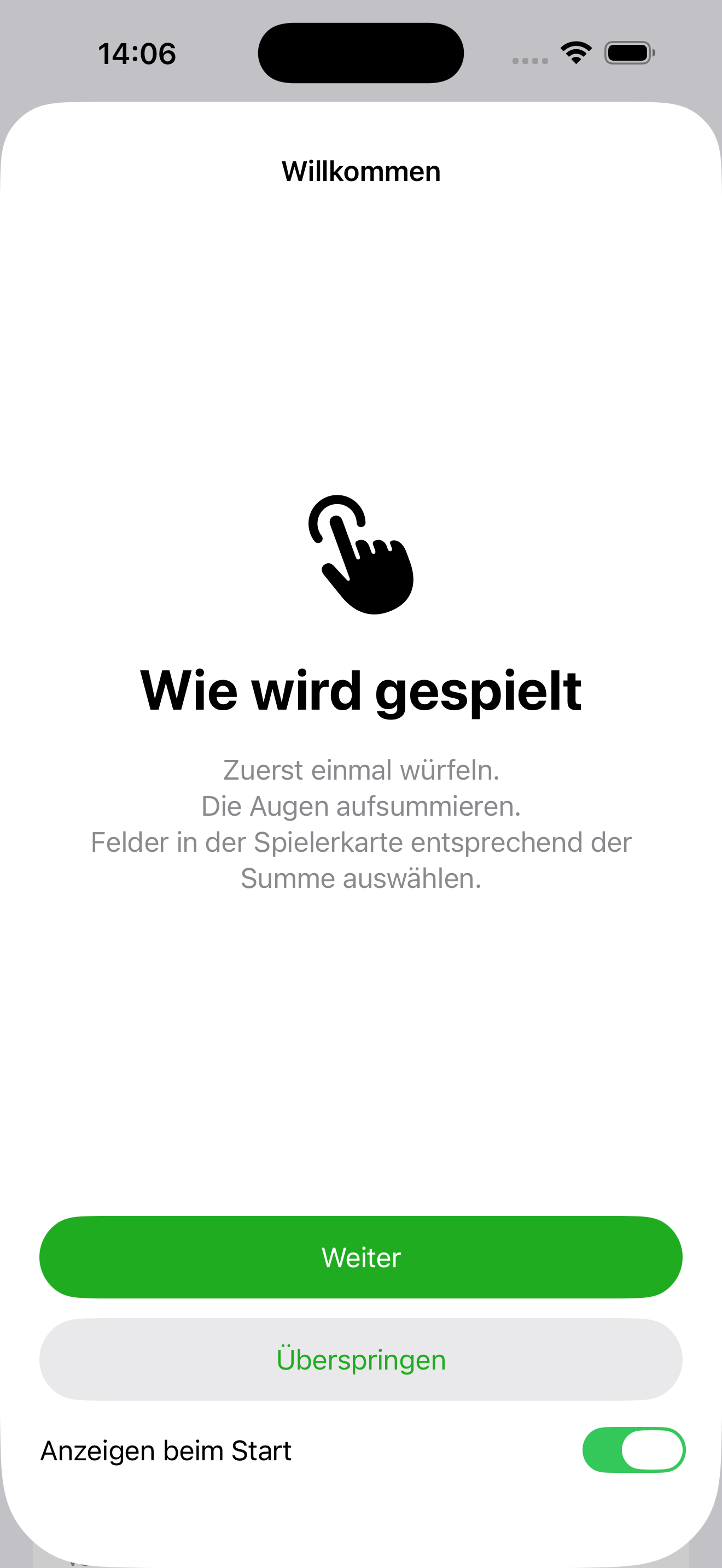 Anleitungsbildschirm Wie wird gespielt mit Tipp-Icon und kurzer Würfel-Erklärung