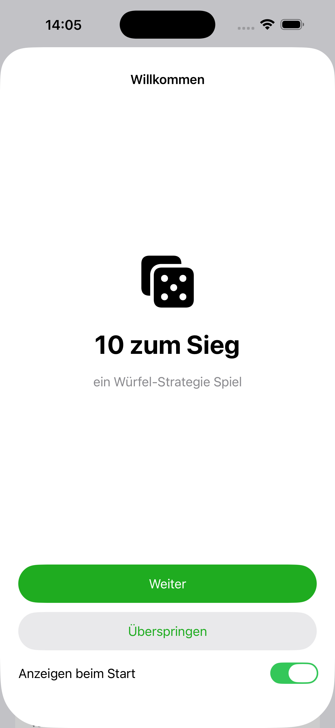 Willkommensbildschirm von 10 zum Sieg mit Würfel-Icon und Weiter-Schaltfläche