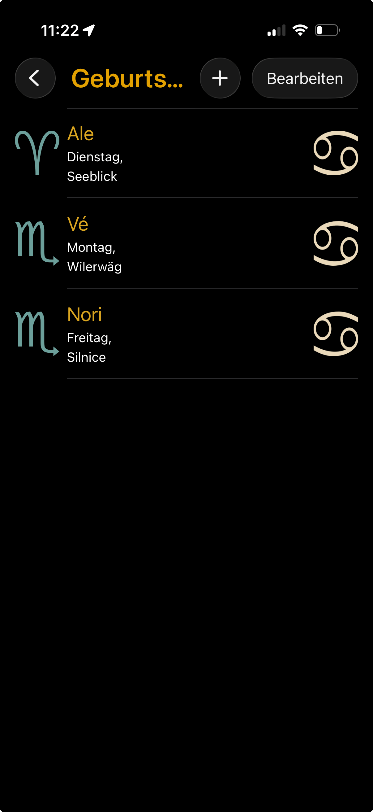Personenliste von myAscendant mit Namen, Orten, Aszendentensymbolen und Sternzeichen