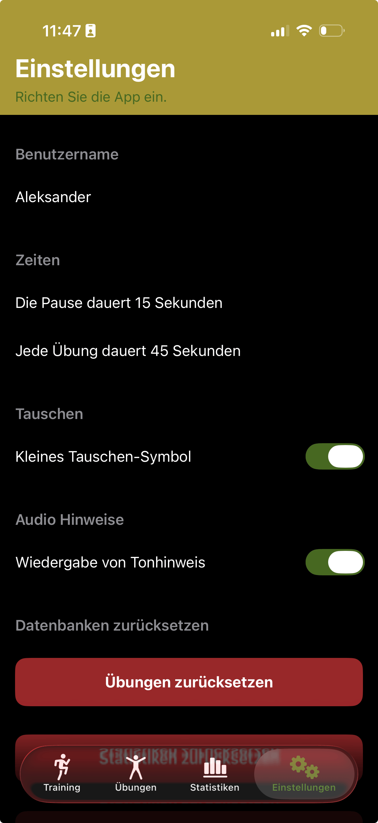 gym45s Einstellungen mit Benutzername, Zeiten, Shuffle-Schalter, Audio-Hinweisen und Reset-Tasten