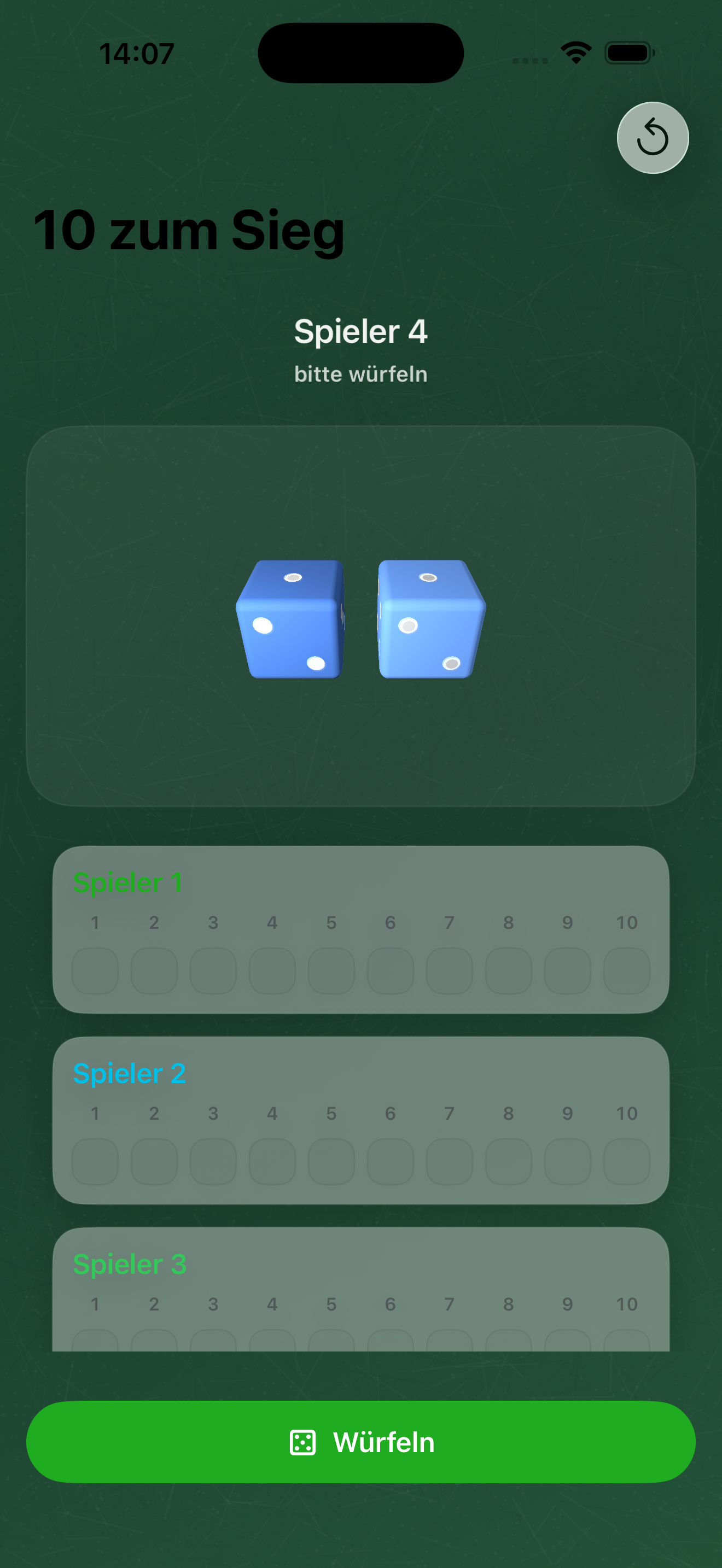 Mehrspieler-Spielansicht mit mehreren Spielerleisten, Würfeln und Würfeln-Button