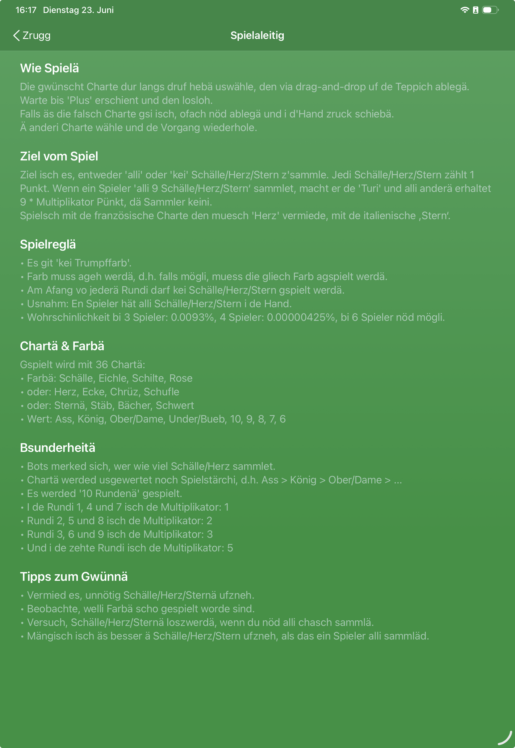 In-App-Spielanleitung mit Regeln, Kartenfarben, Besonderheiten und Tipps