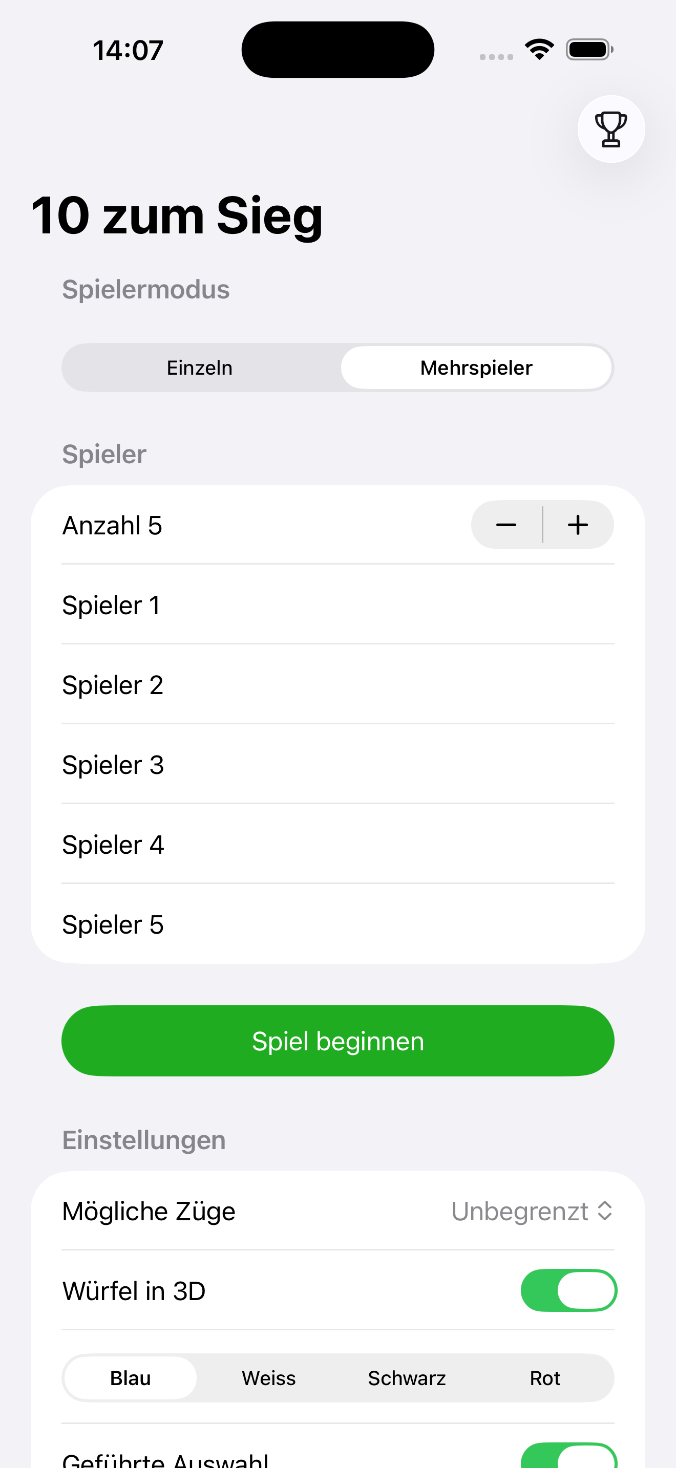Startbildschirm im Mehrspieler-Modus mit fünf Spielern und Plus-Minus-Steuerung