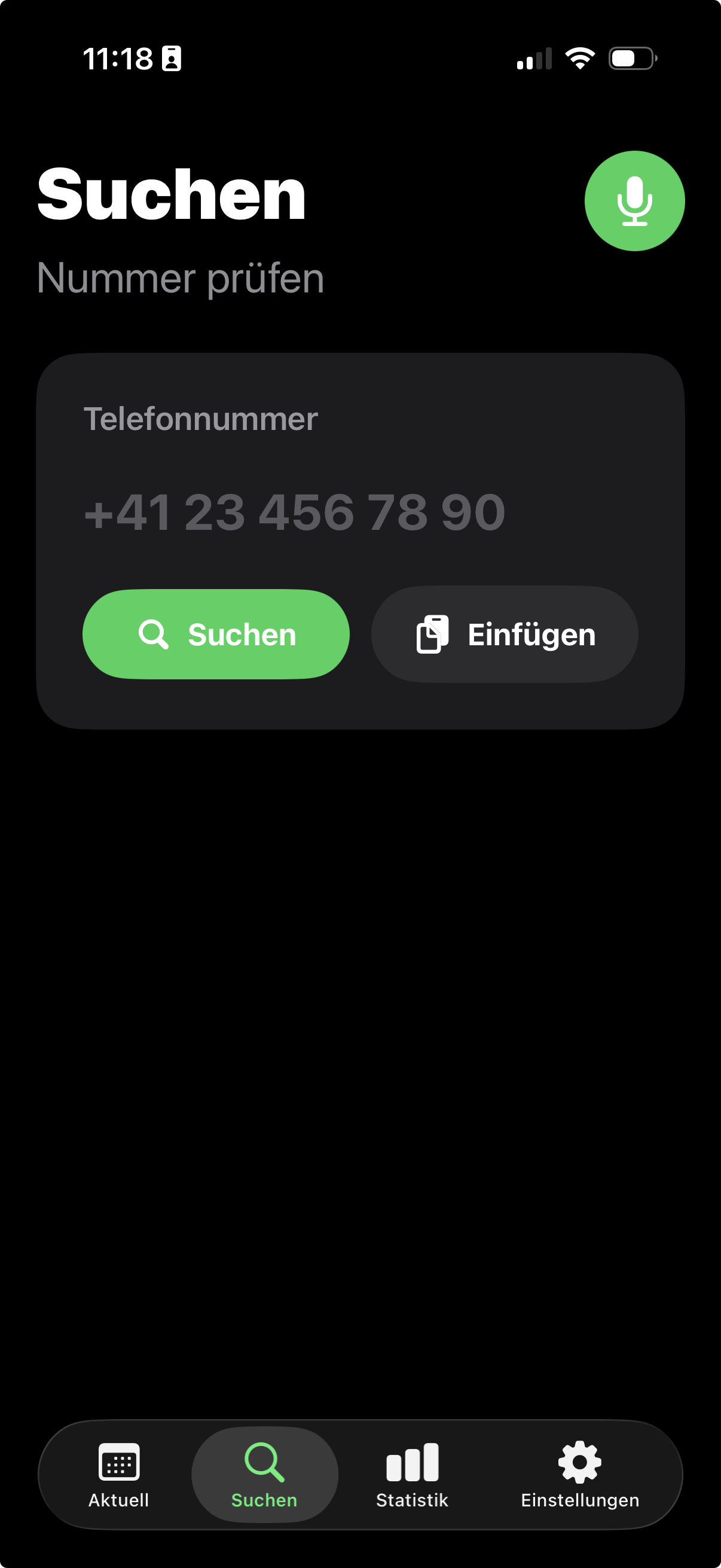 Suchansicht von Caller Lookup mit Telefonnummernfeld, Suchen-Button, Einfügen-Button und Mikrofon